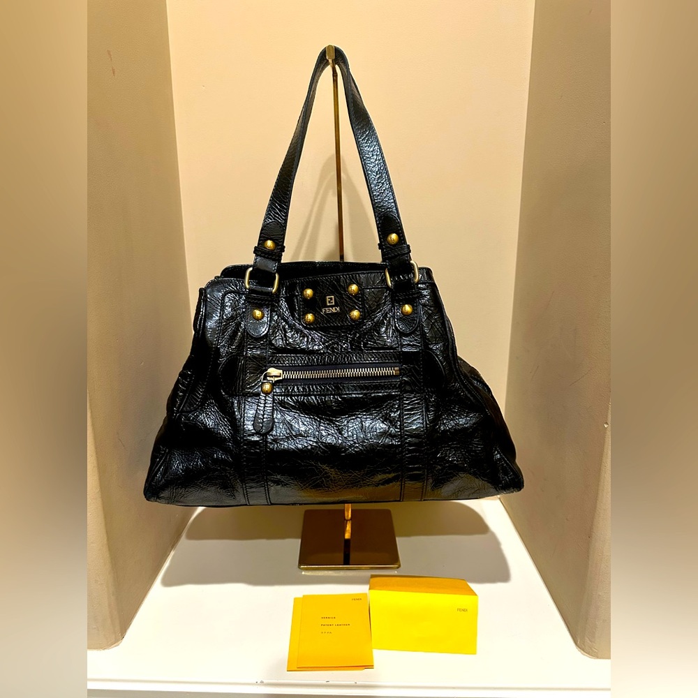 AUTHENTIC 💯 FENDI Black Crinkled Patent Leather Du Jour Tote